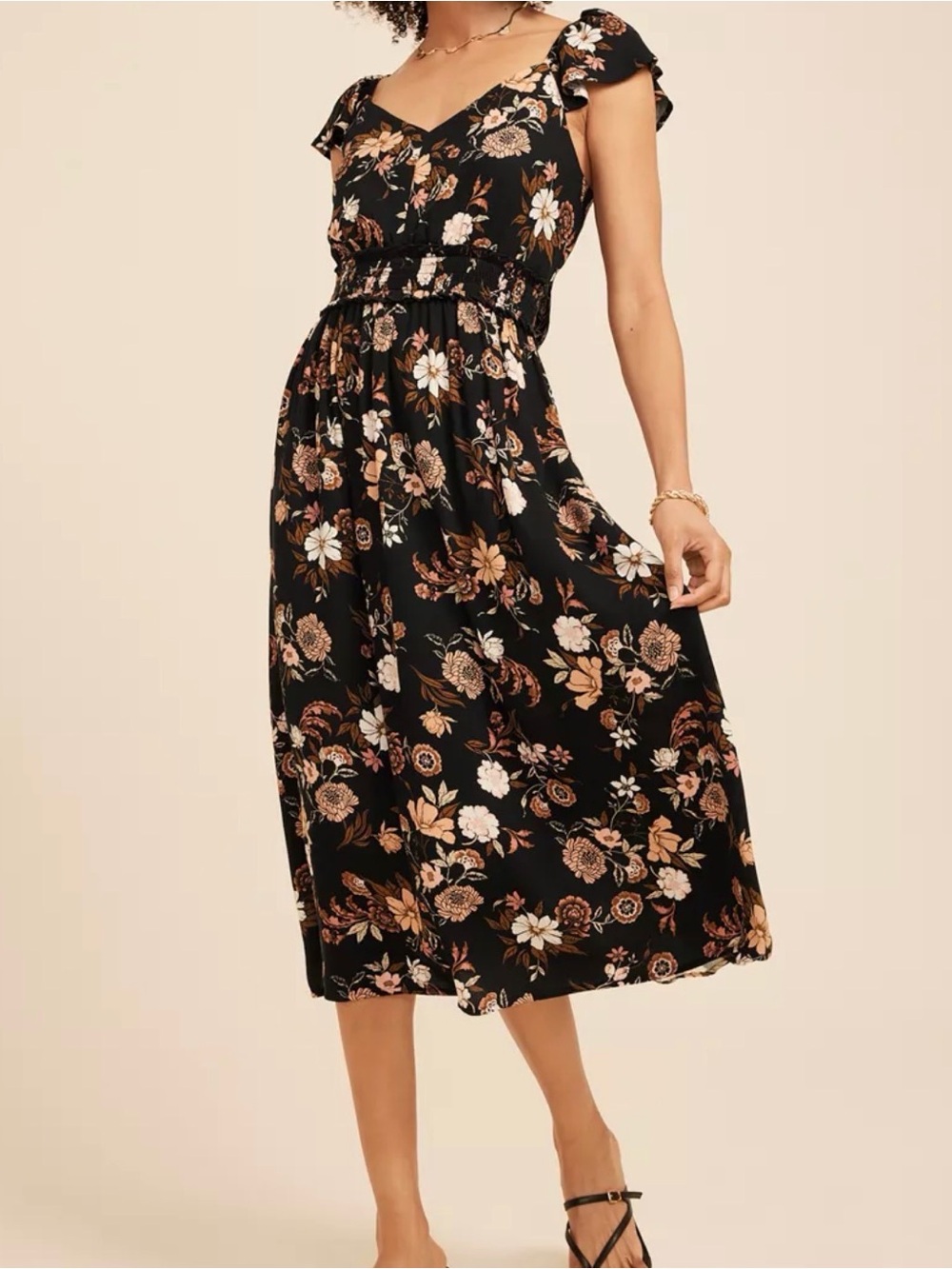 Maurices Black Floral Midi Dress with Smocked Waist
